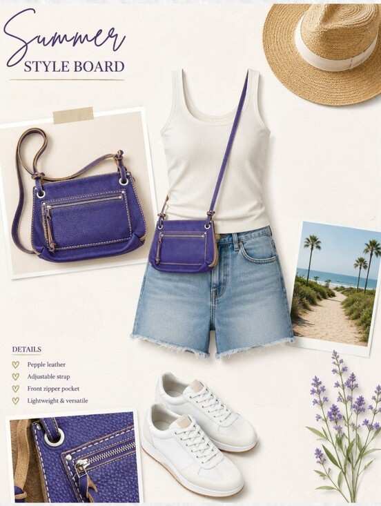 Roots Handbags - Roots Purple Pebbled Leather Crossbody Bag with Adjustable Strap